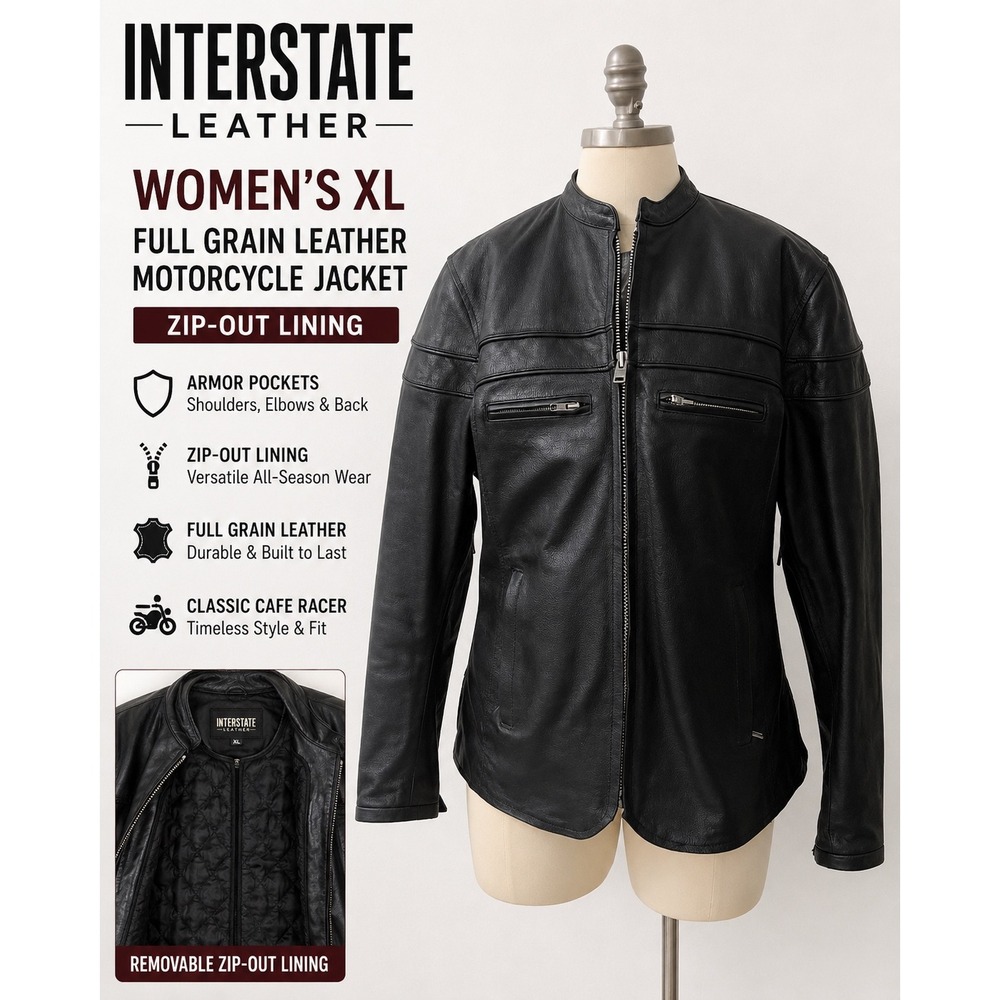 Interstate Leather Womens XL Black Full Grain Leather Cafe Racer Moto Jacket